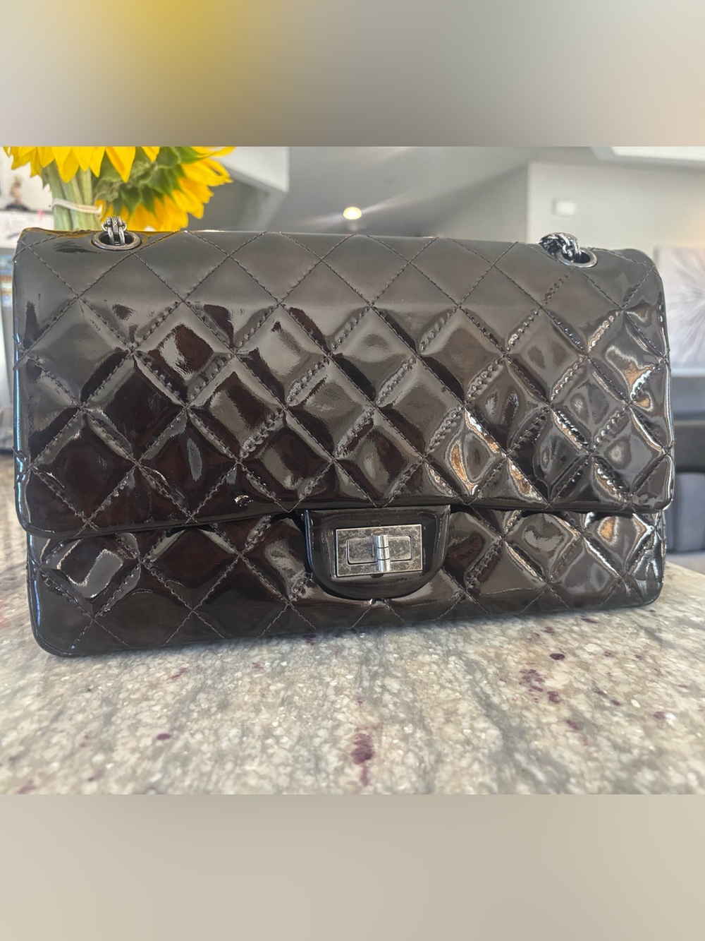 Chanel 2.55 Reissue 227 Large Brown Patent Leather Double Flap Bag Silver HW